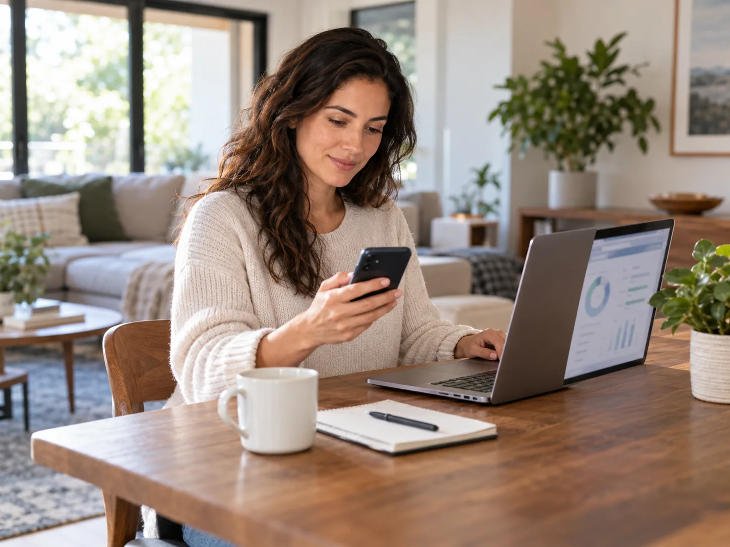 Customer checking account information on a phone and laptop