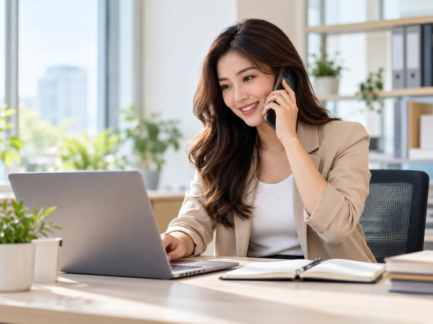 Friendly loan representative speaking with a customer on the phone