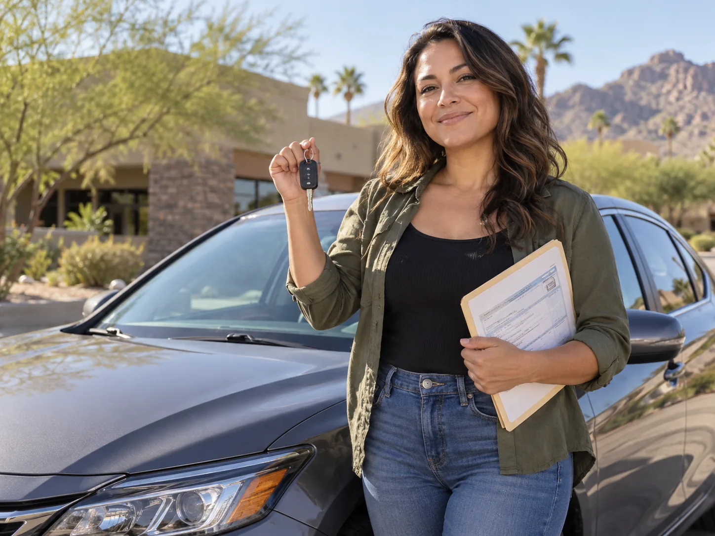 Customer standing beside a car with keys and paperwork