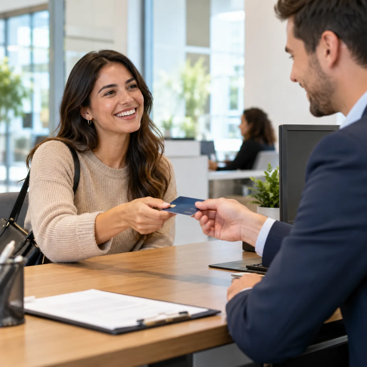 Customer receiving a payment card from a store associate